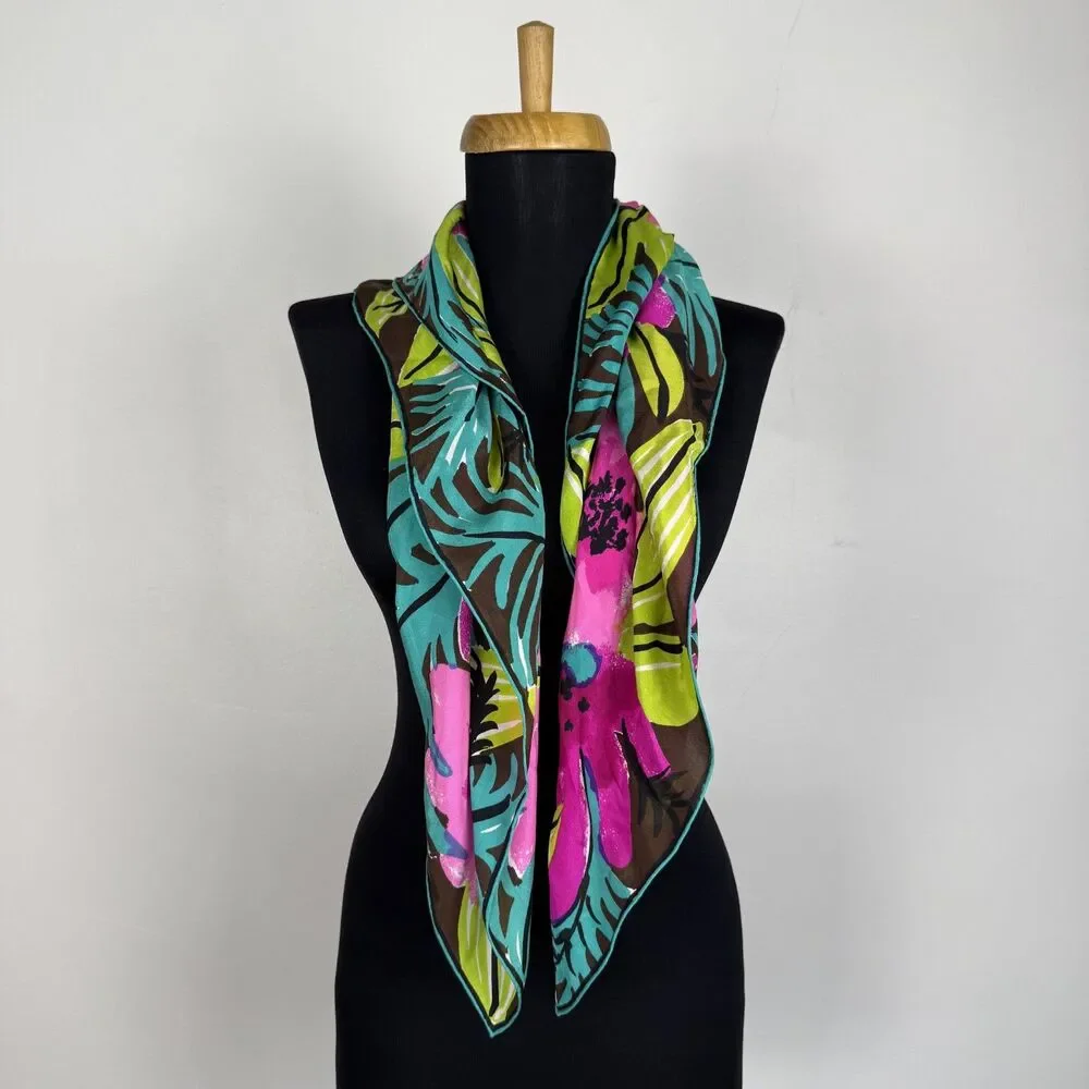 Vintage Vera Neumann Floral Scarf Pink Green Brown Hand Rolled Ladybug Logo - Picture 3 of 13